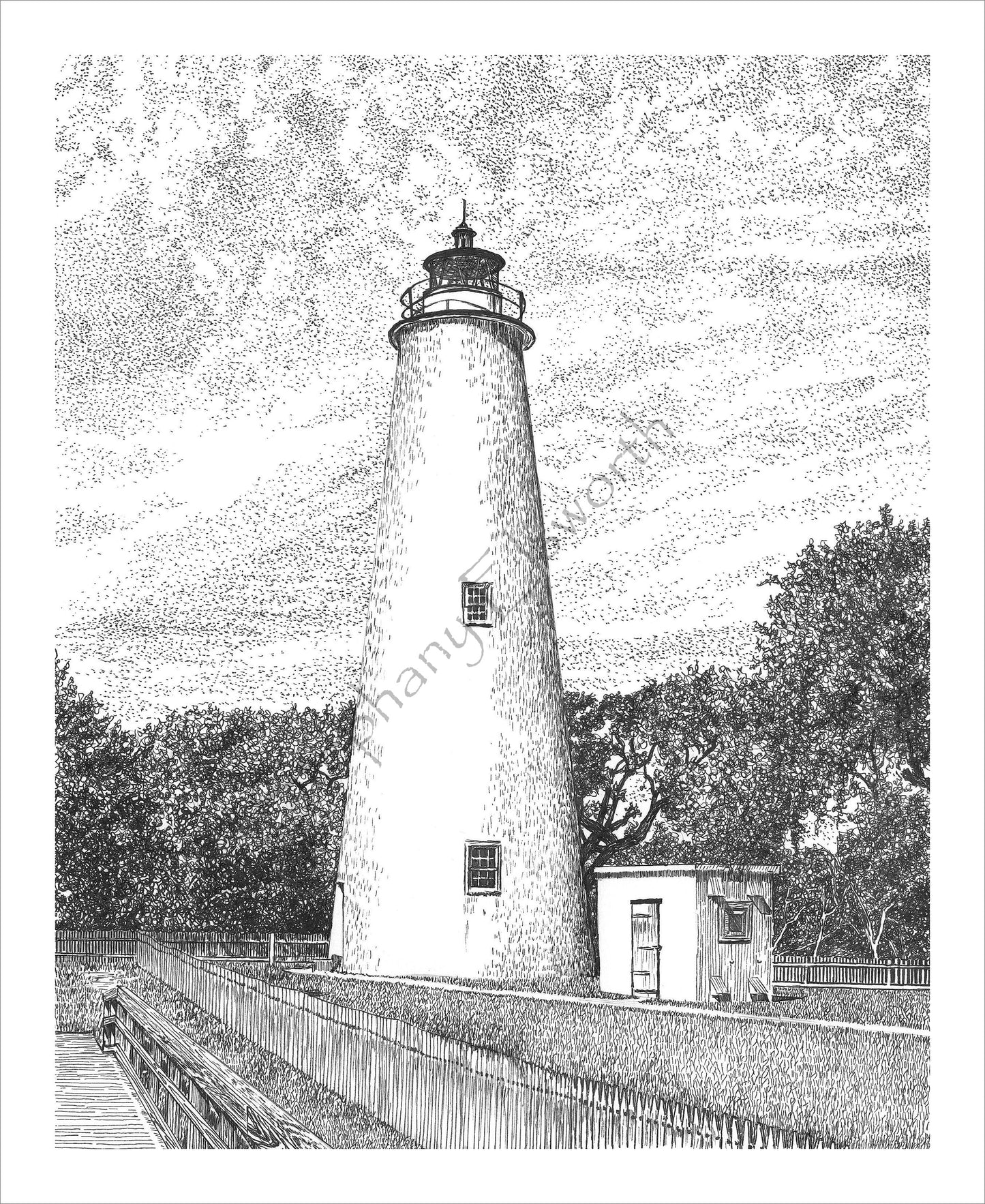 Ocracoke Lighthouse, Ocracoke, North Carolina Original 8 x 10 Pen and Ink Drawing