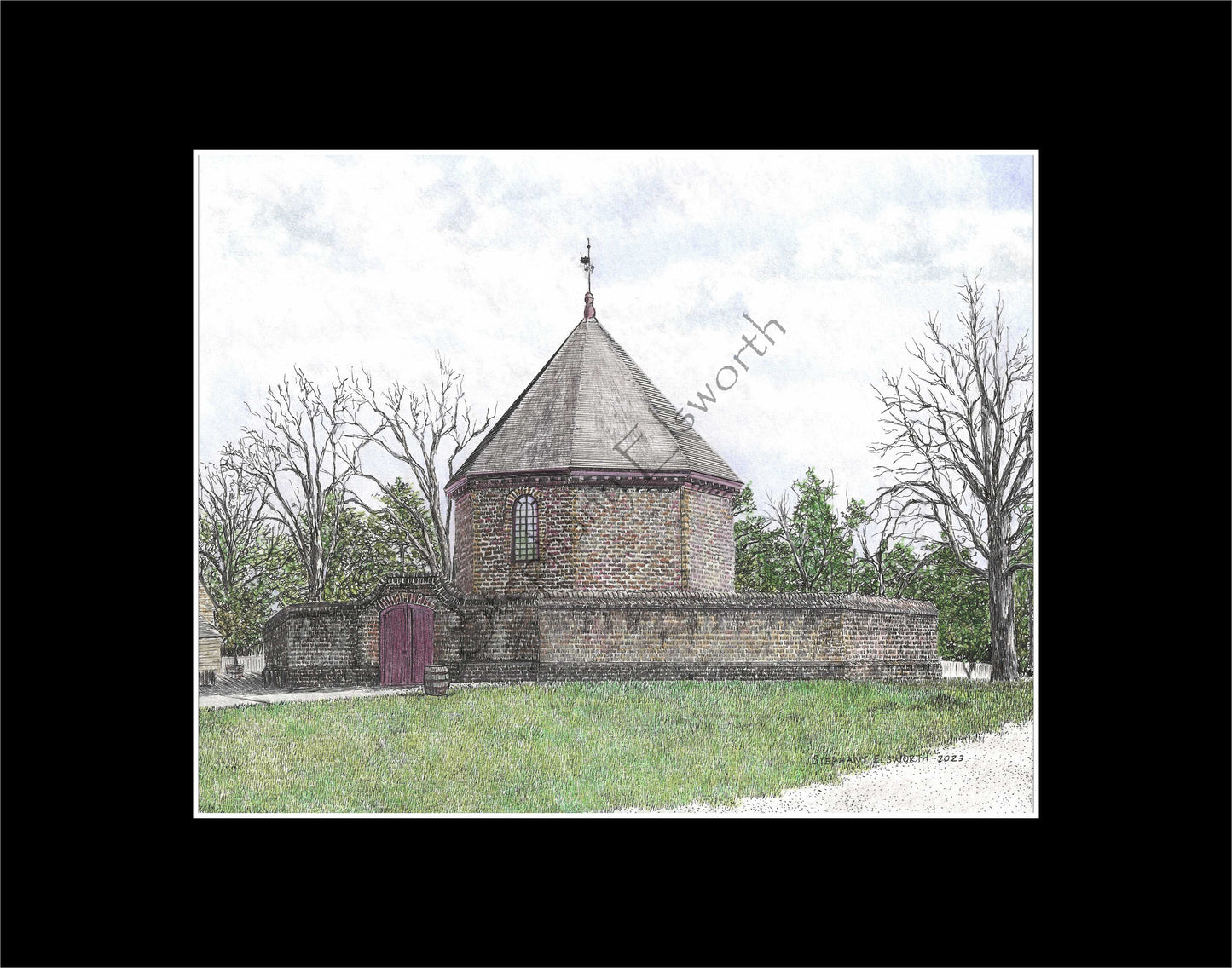 Colonial Williamsburg's Powder Magazine, Williamsburg, Virginia 8 x 10 Pen and Ink/Colored Pencil Archival Giclee Print in 11 x 14 mat