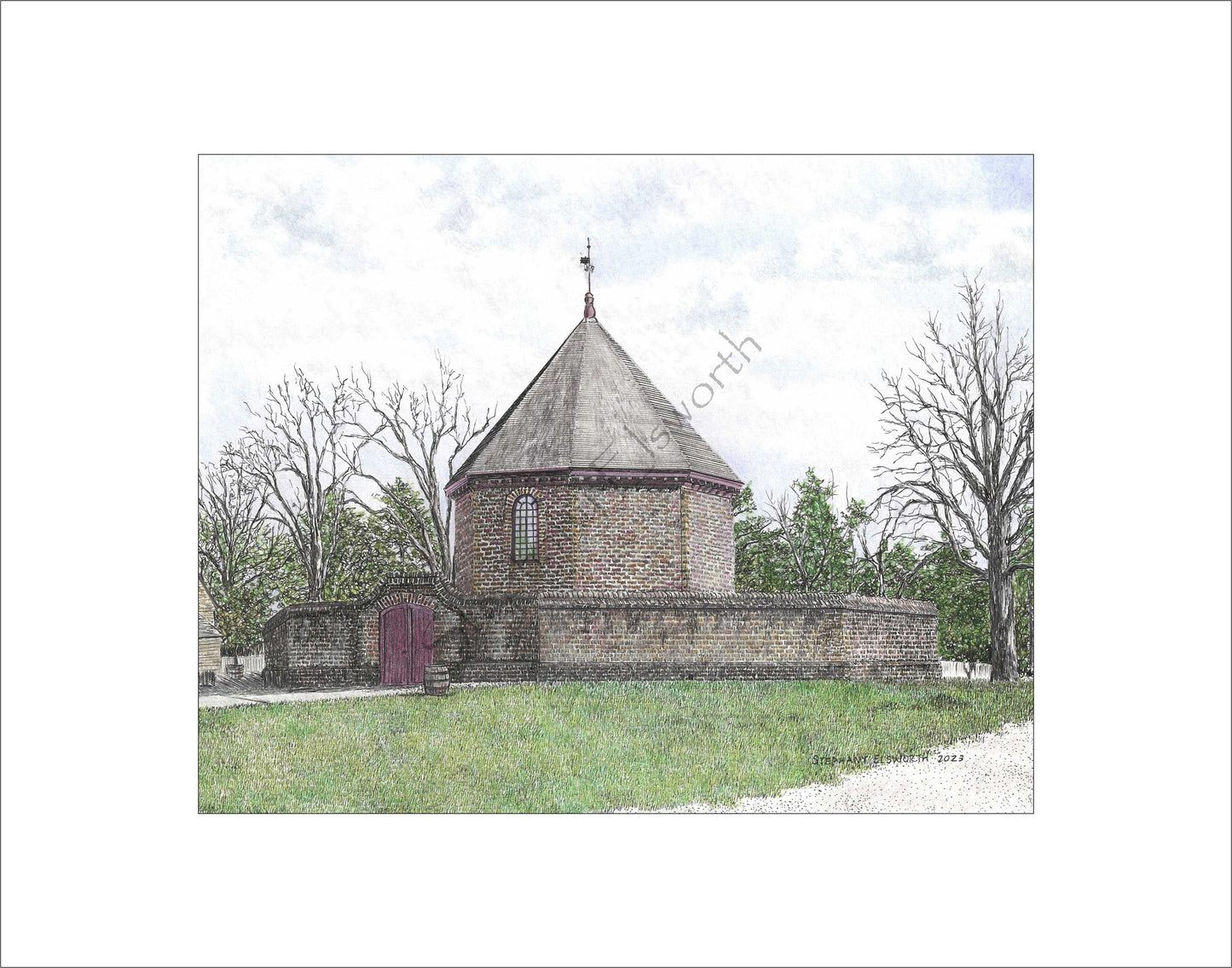 Colonial Williamsburg's Powder Magazine, Williamsburg, Virginia 8 x 10 Pen and Ink/Colored Pencil Archival Giclee Print in 11 x 14 mat