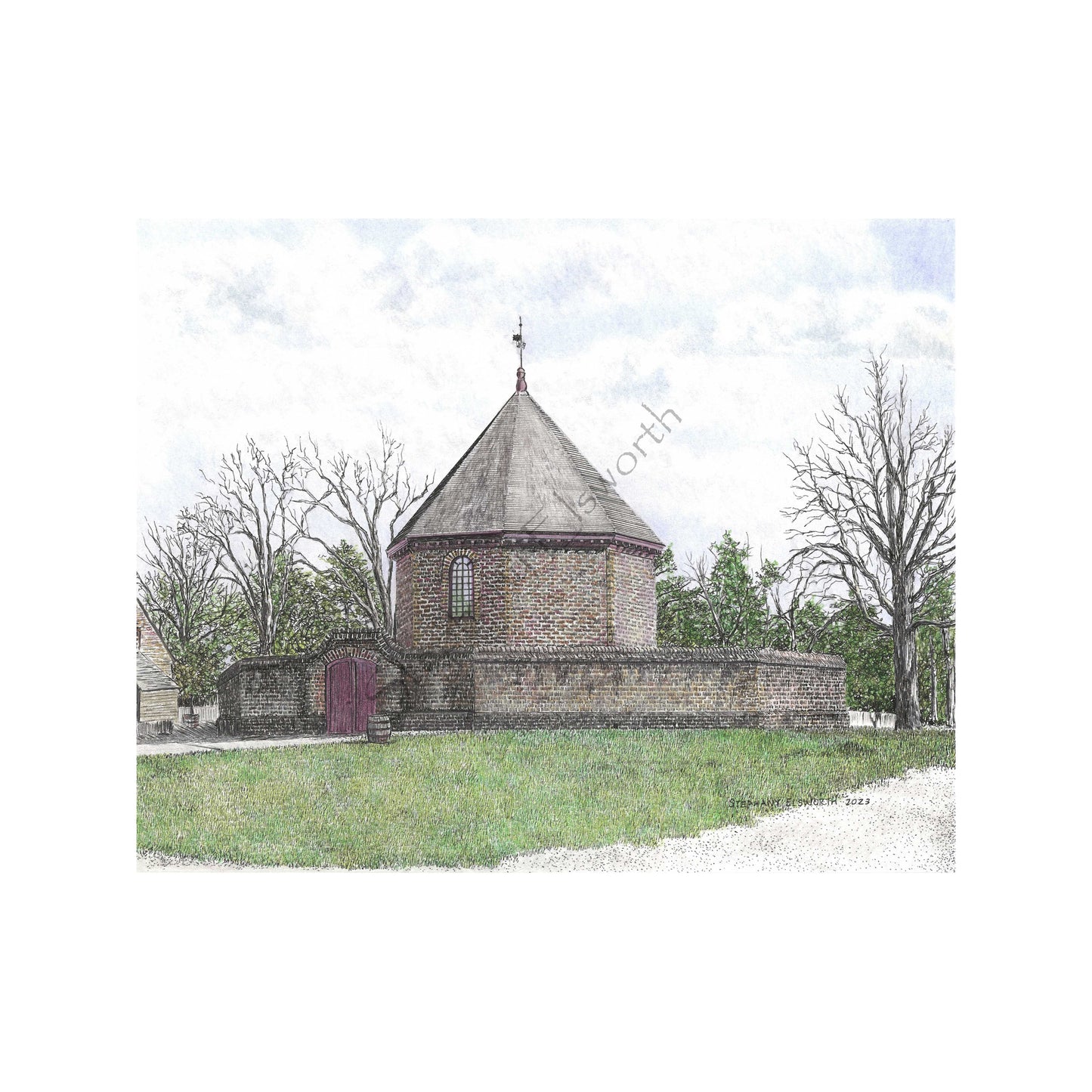 Colonial Williamsburg's Powder Magazine, Williamsburg, Virginia 8 x 10 Pen and Ink/Colored Pencil Archival Giclee Print in 11 x 14 mat