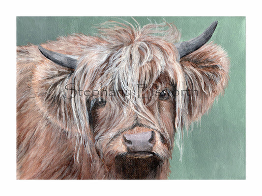8 x 6 Inch Scottish Highland Cow on Green Giclee Fine Art Print