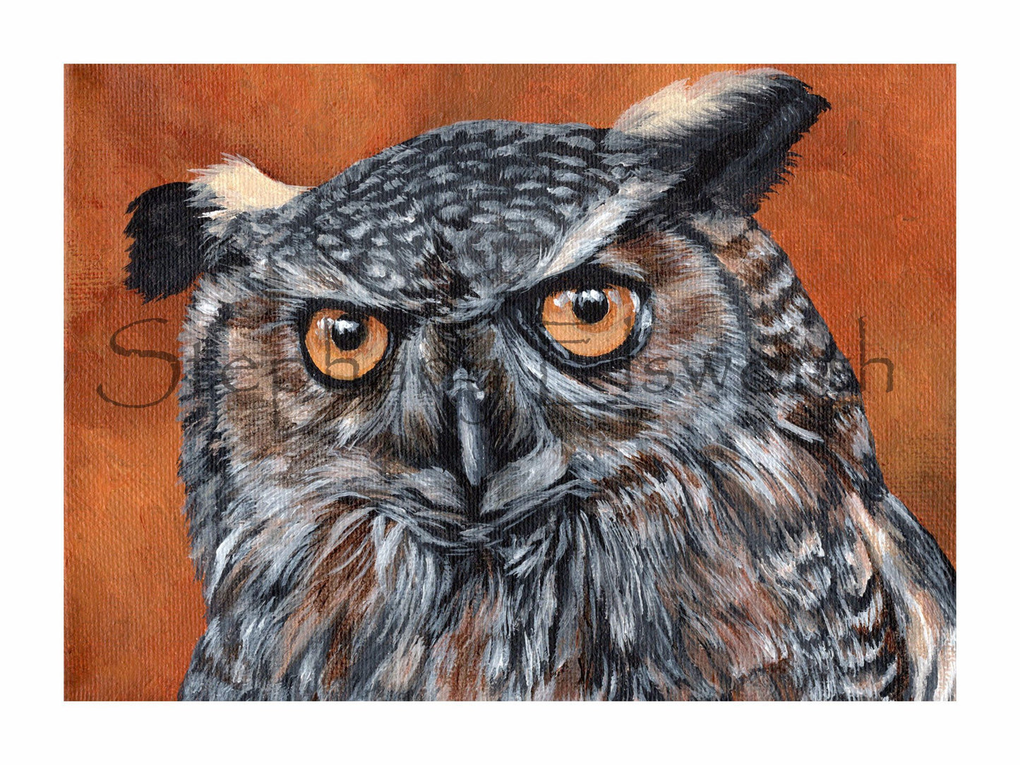 8 x 6 Inch Great Horned Owl on Orange Giclee Fine Art Print