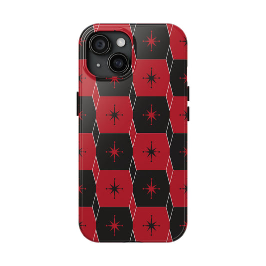 Square and Diamond Pattern in Red and Black Tough iPhone Case