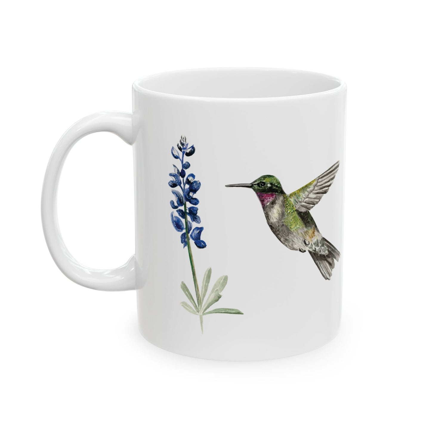 Hummingbird & Bluebonnet Ceramic Mug — Floral Bird Coffee Tea Cup (11oz, 15oz)