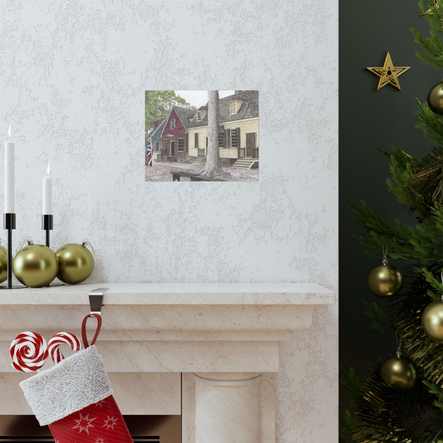 Colonial Williamsburg Street Scene Matte Poster – Historic Waterfront Houses Wall Art