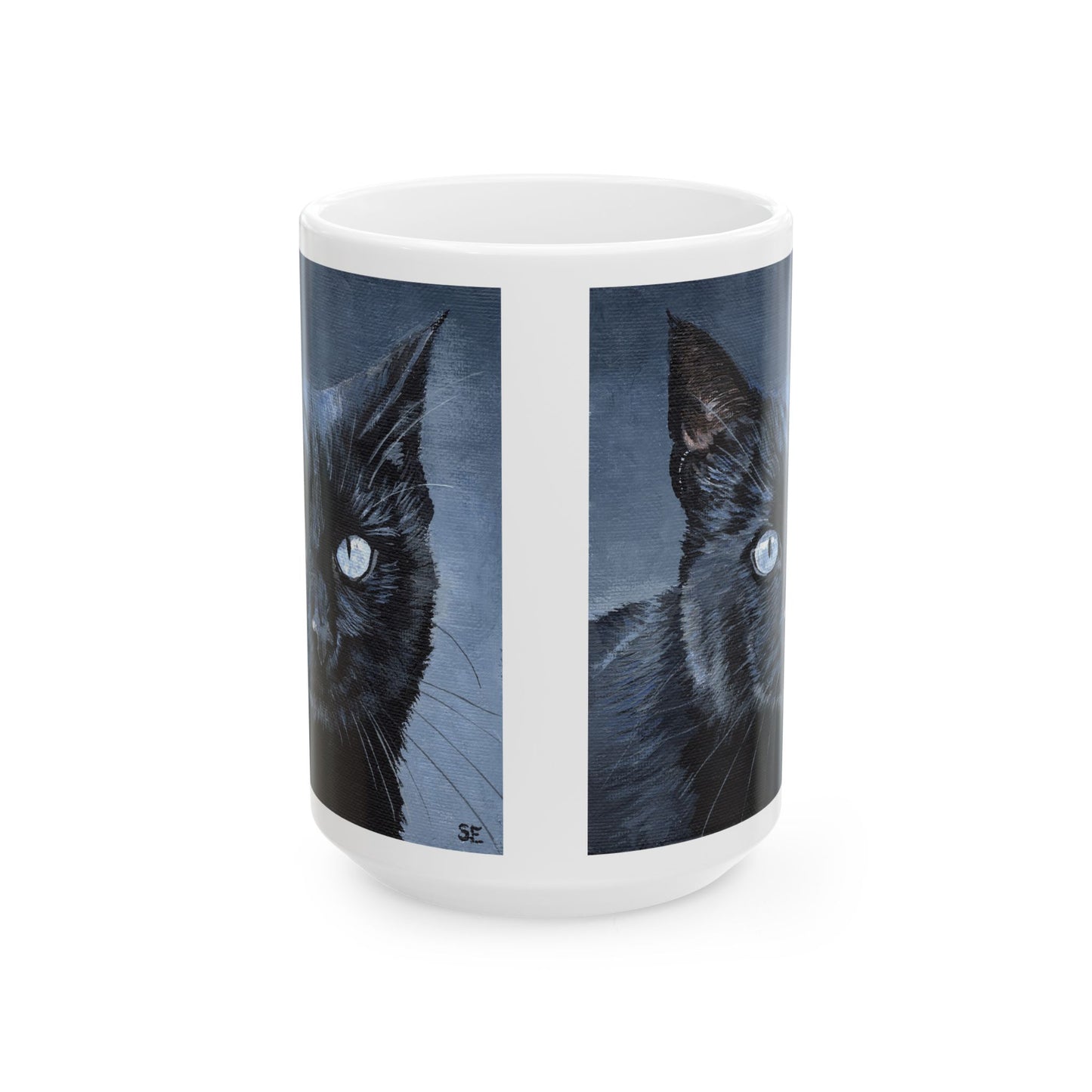 Black Cat Portrait Mug — Ceramic Coffee Cup with Moody Blue Background (11oz, 15oz)