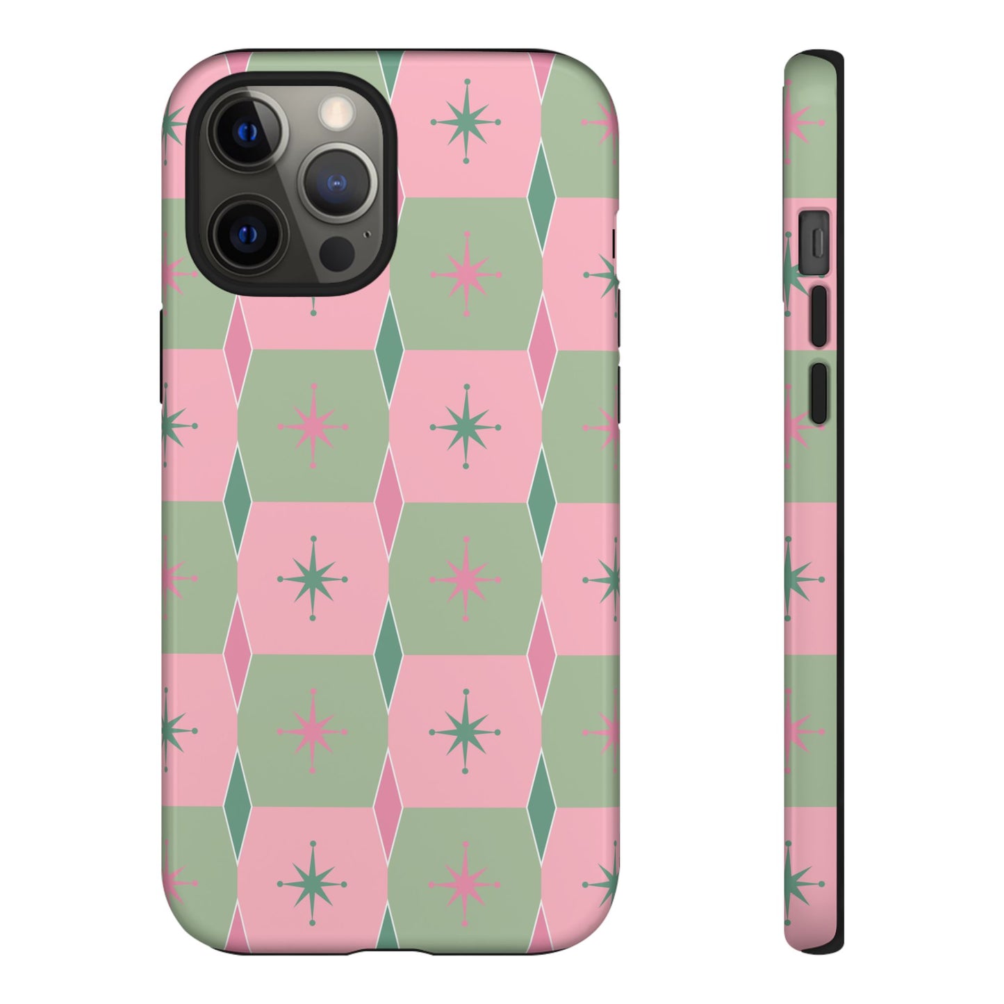 1950s Retro Square and Diamond Pattern in Pink and Green Tough Cases