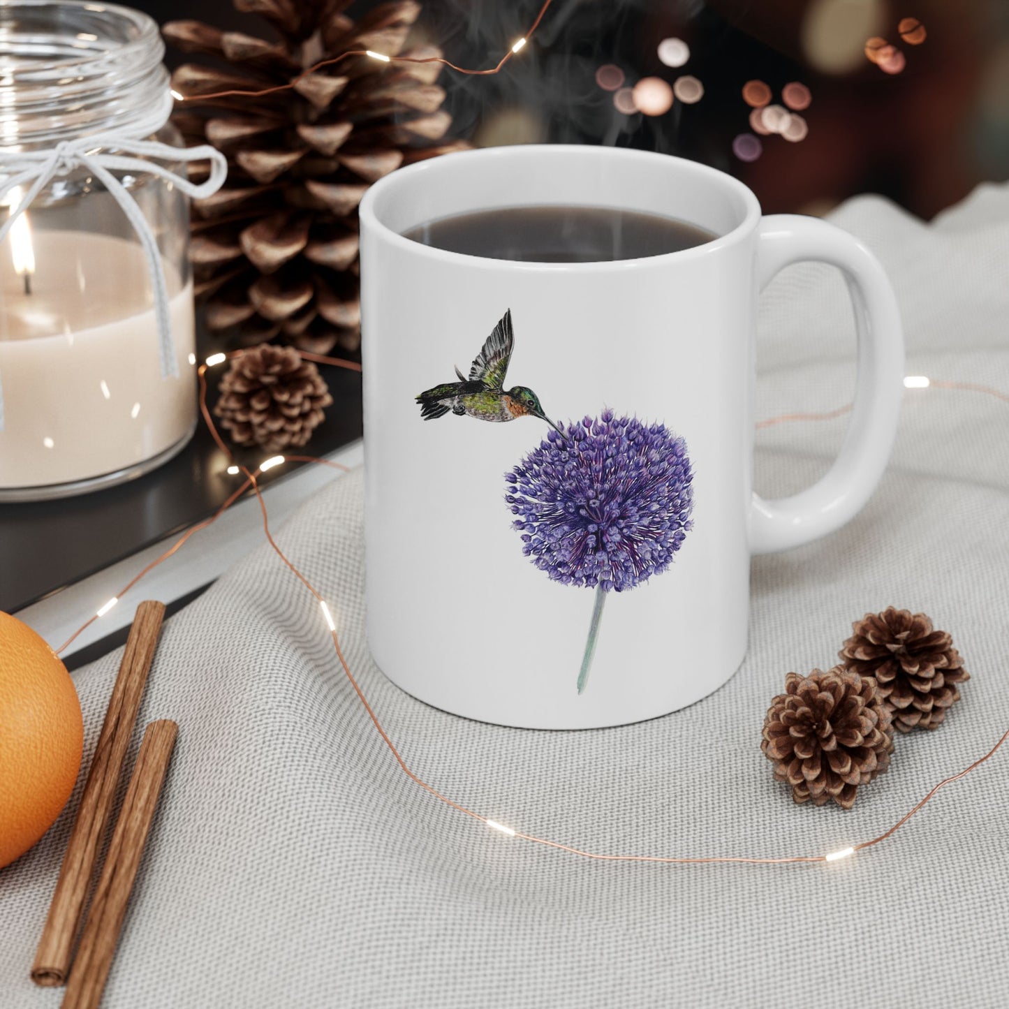 Hummingbird and Yorktown Onion Ceramic Mug — Purple Allium Floral & Hummingbird Coffee Cup (11oz & 15oz)