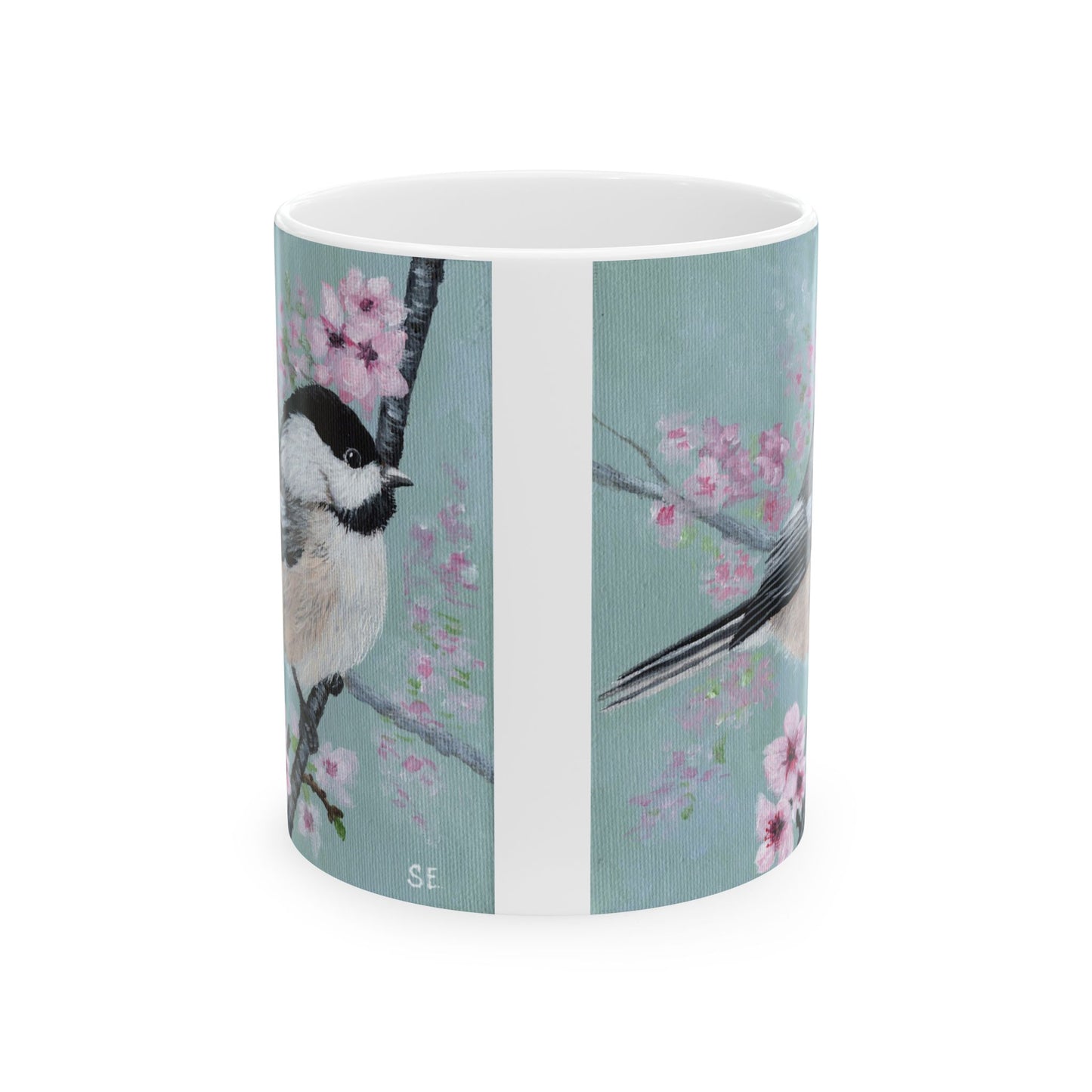 Chickadee Blossom Ceramic Mug — Floral Bird Coffee Cup (11oz & 15oz)