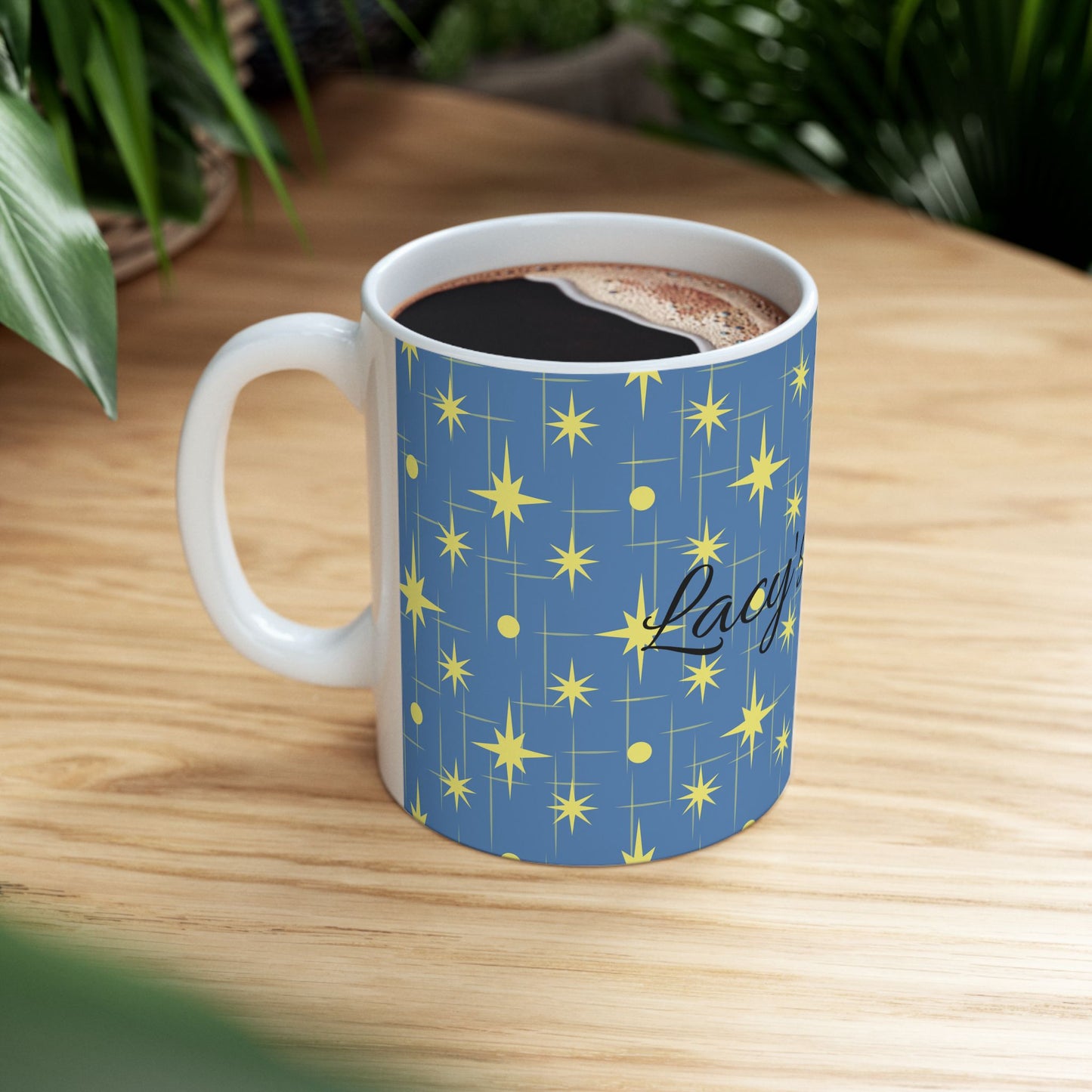 Retro Star Pattern Ceramic Mug — Blue & Yellow 11oz/15oz