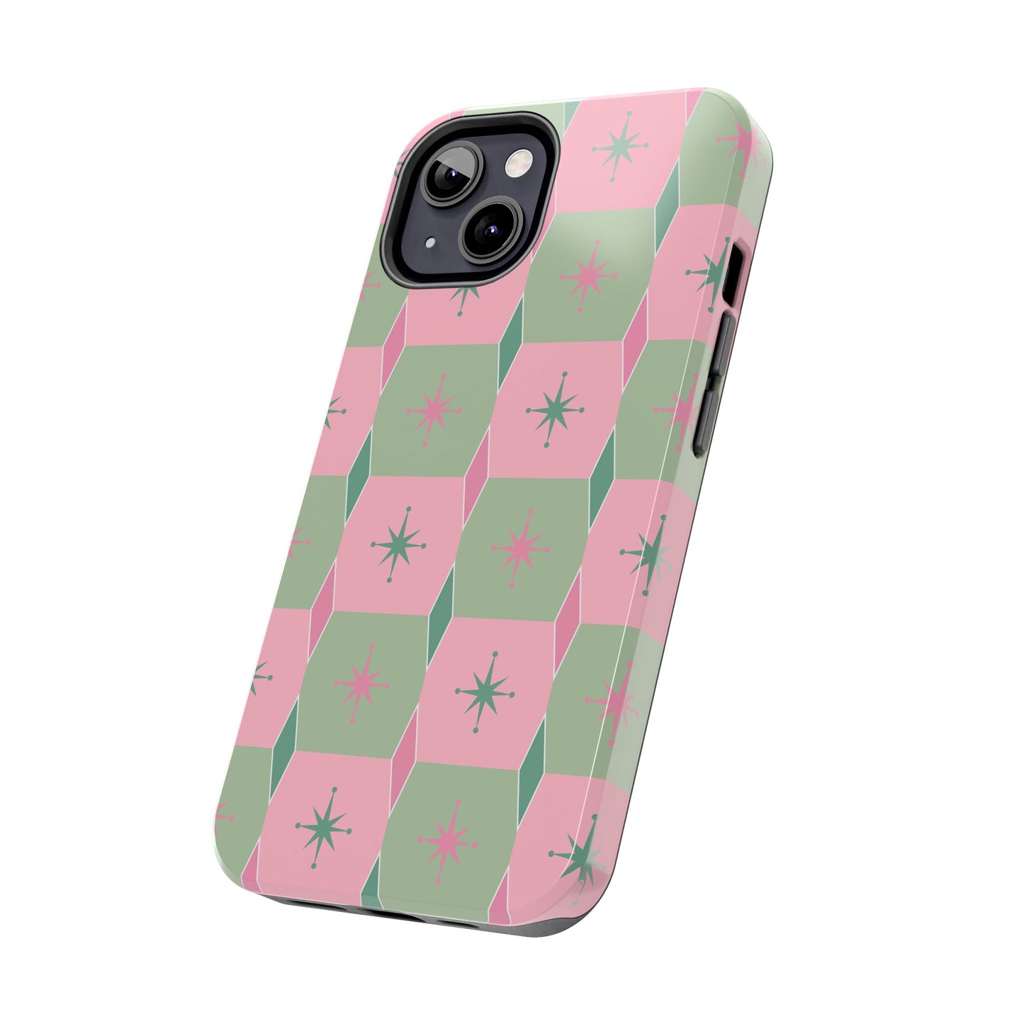 1950s Retro Square and Diamond Pattern in Pink and Green Tough iPhone Cases