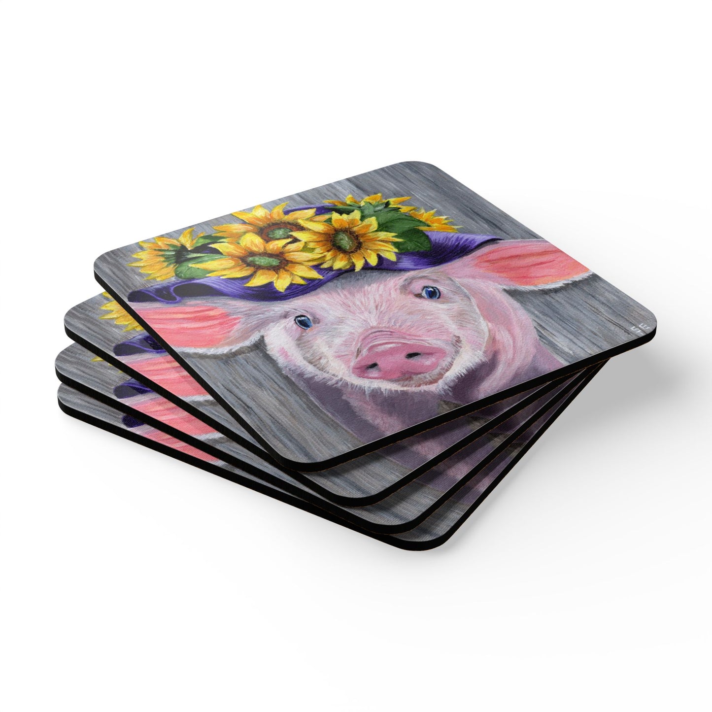 Sunflower Pig Cork Coaster Set — Cute Farmhouse Drink Coasters (4-Pack)