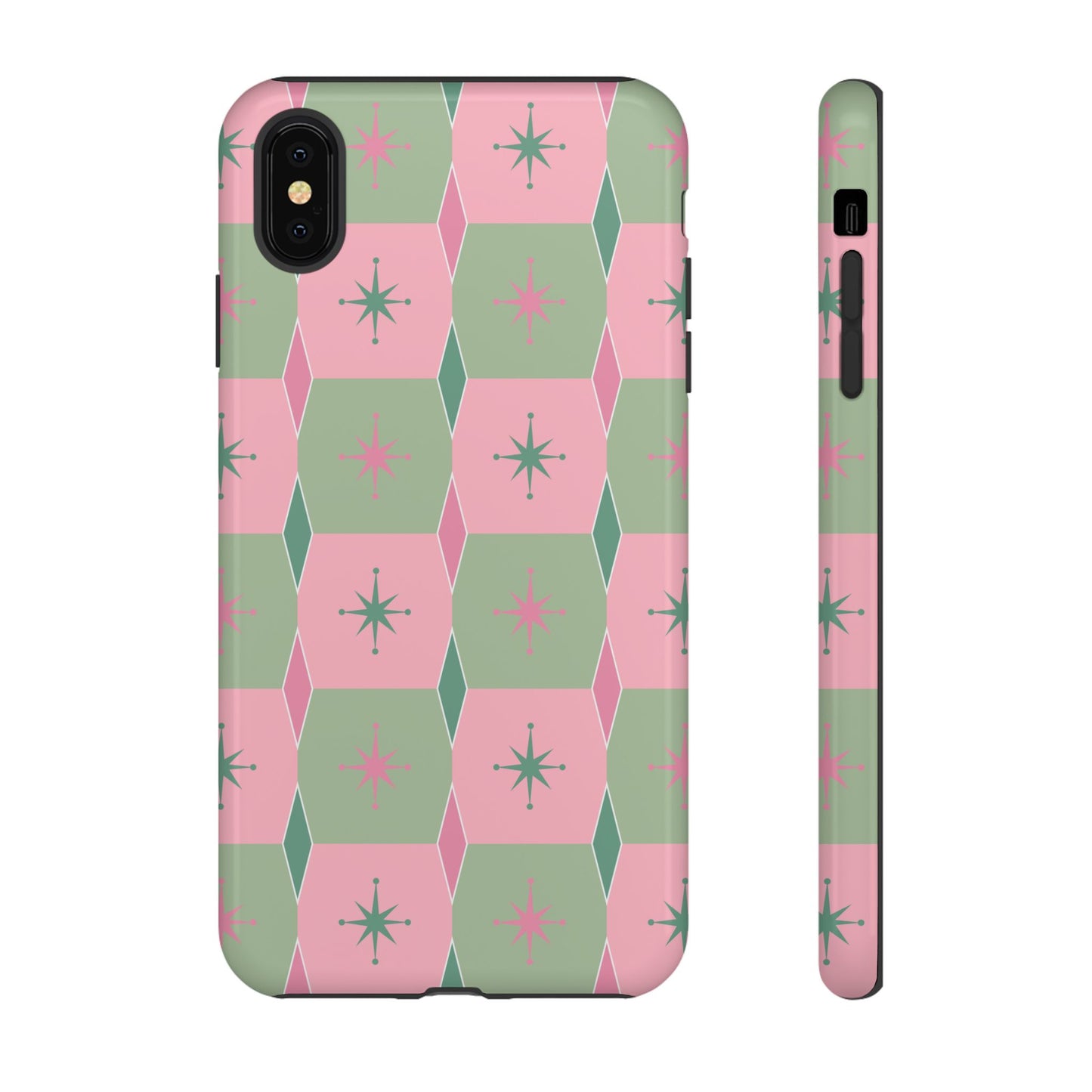 1950s Retro Square and Diamond Pattern in Pink and Green Tough Cases