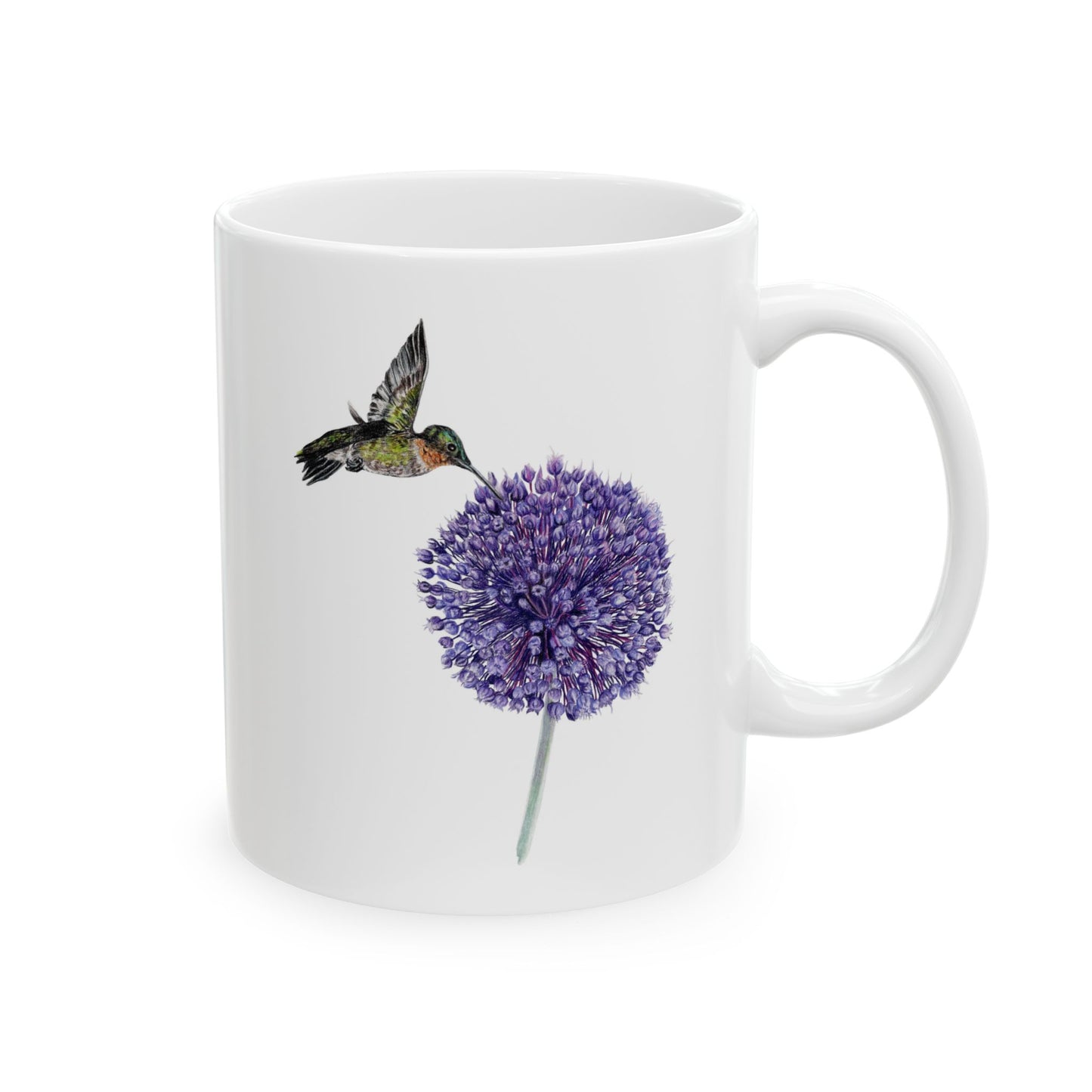 Hummingbird and Yorktown Onion Ceramic Mug — Purple Allium Floral & Hummingbird Coffee Cup (11oz & 15oz)