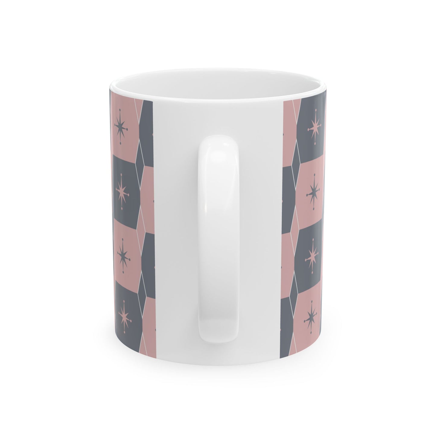 Mid-Century Starburst Ceramic Mug — Pink & Slate Geometric Pattern (11oz, 15oz)