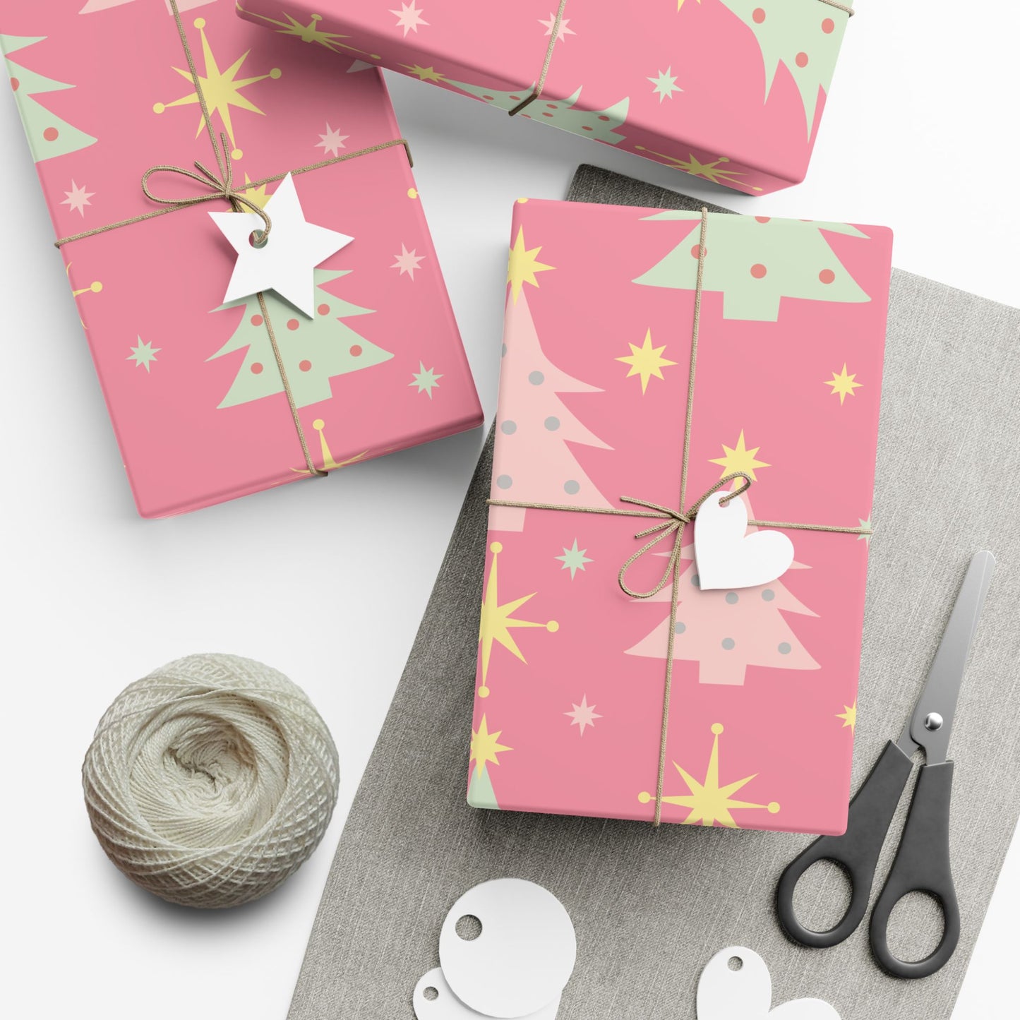 Pink Retro Christmas Tree Gift Wrap Paper — Holiday Wrapping Sheets