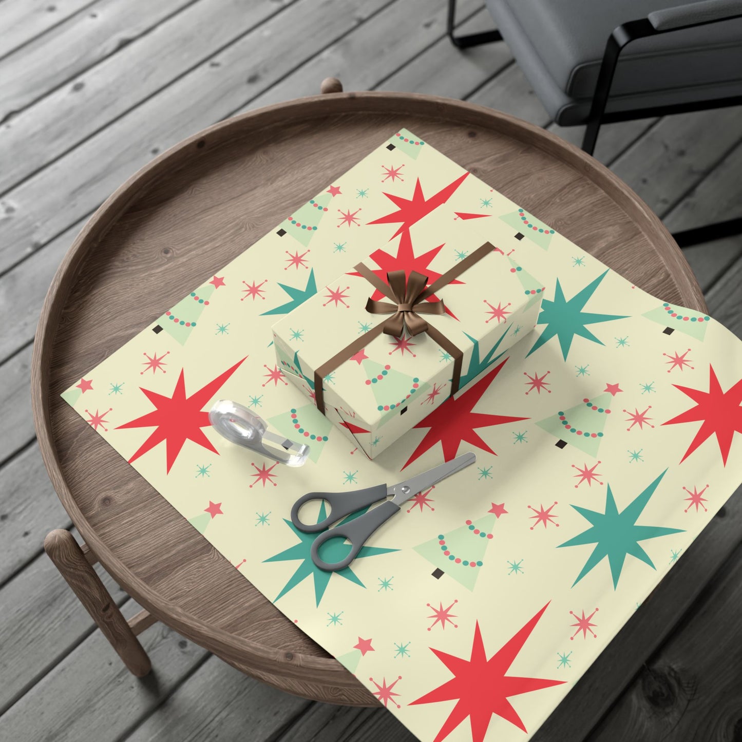 Retro Mid-Century Christmas Gift Wrap Paper – Starburst & Tree Pattern