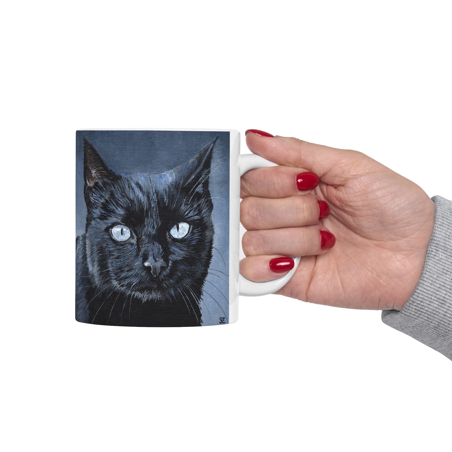 Black Cat Portrait Mug — Ceramic Coffee Cup with Moody Blue Background (11oz, 15oz)