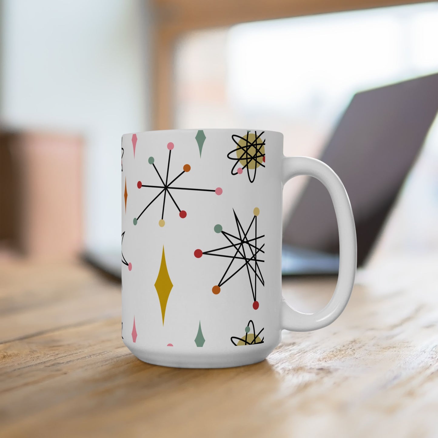 Mid-Century Atomic Pattern Ceramic Mug (11oz & 15oz) — Retro Starburst Coffee Cup