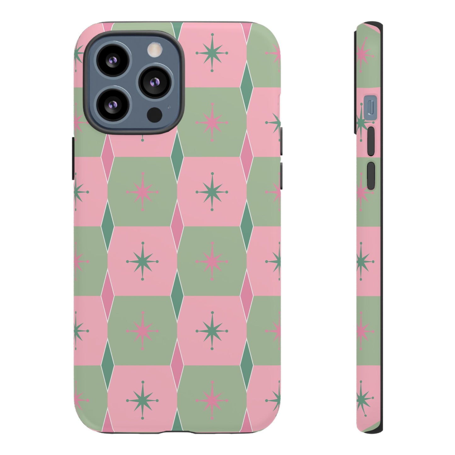 1950s Retro Square and Diamond Pattern in Pink and Green Tough Cases