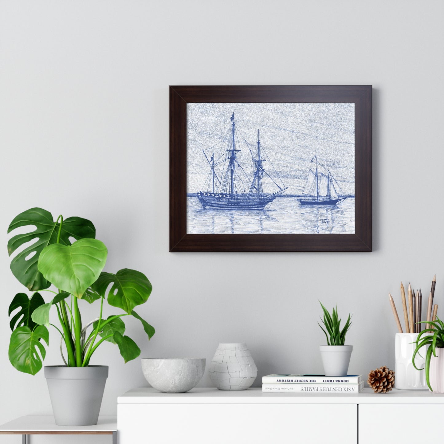 Framed Poster — Vintage Blue Nautical Ship Sketch