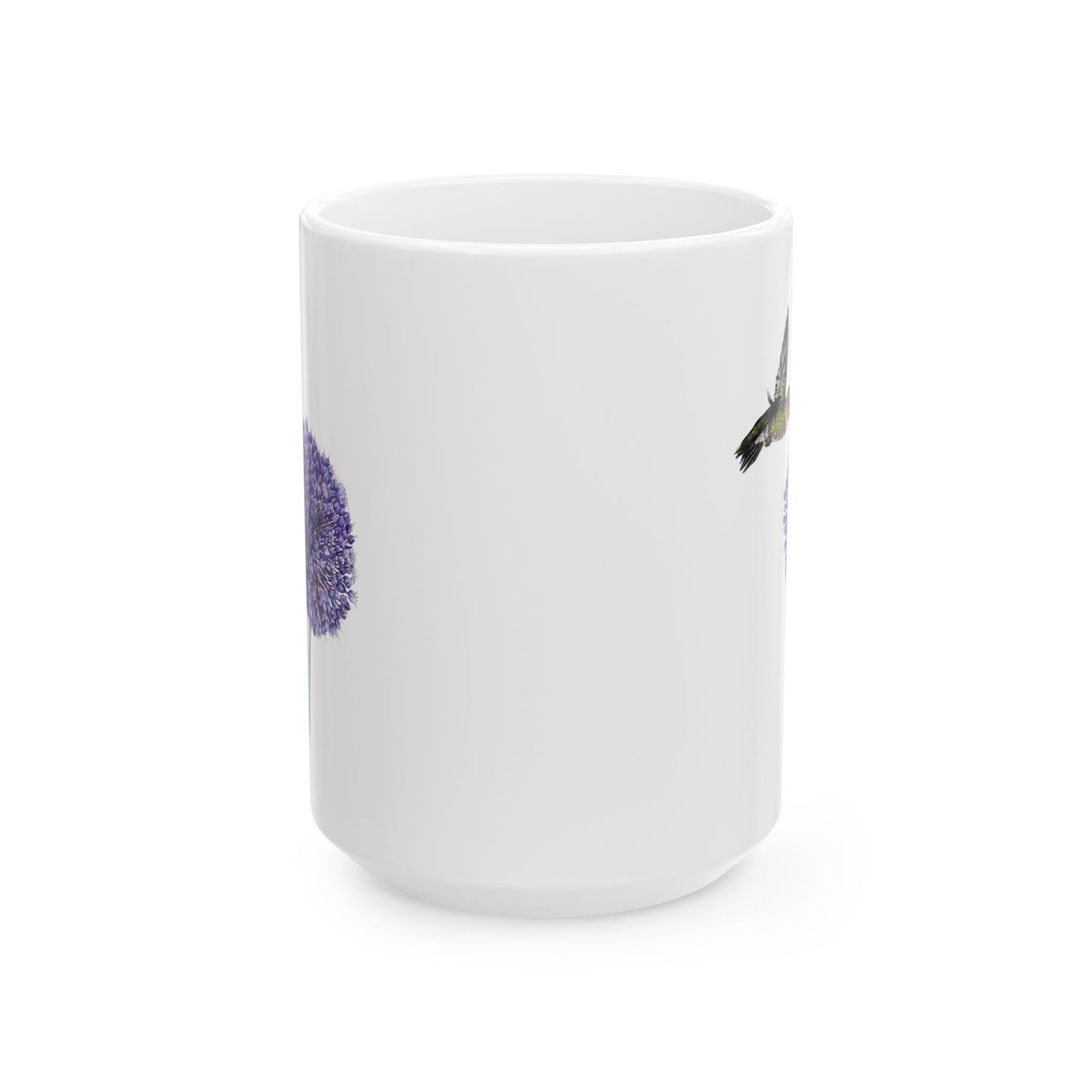 Hummingbird and Yorktown Onion Ceramic Mug — Purple Allium Floral & Hummingbird Coffee Cup (11oz & 15oz)