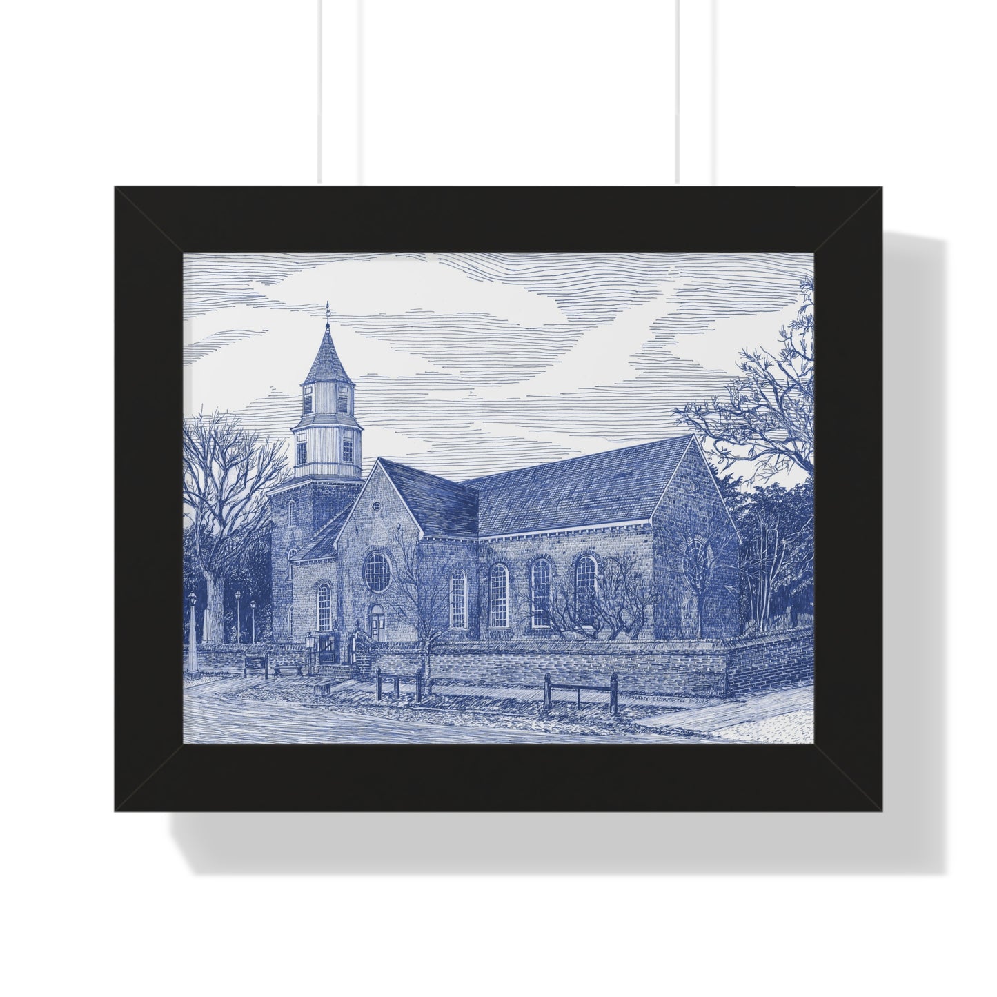 Colonial Williamsburg's Bruton Parish Church in Blue Framed Poster — Blue Architectural Print for Home & Office