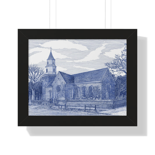 Colonial Williamsburg's Bruton Parish Church in Blue Framed Poster — Blue Architectural Print for Home & Office
