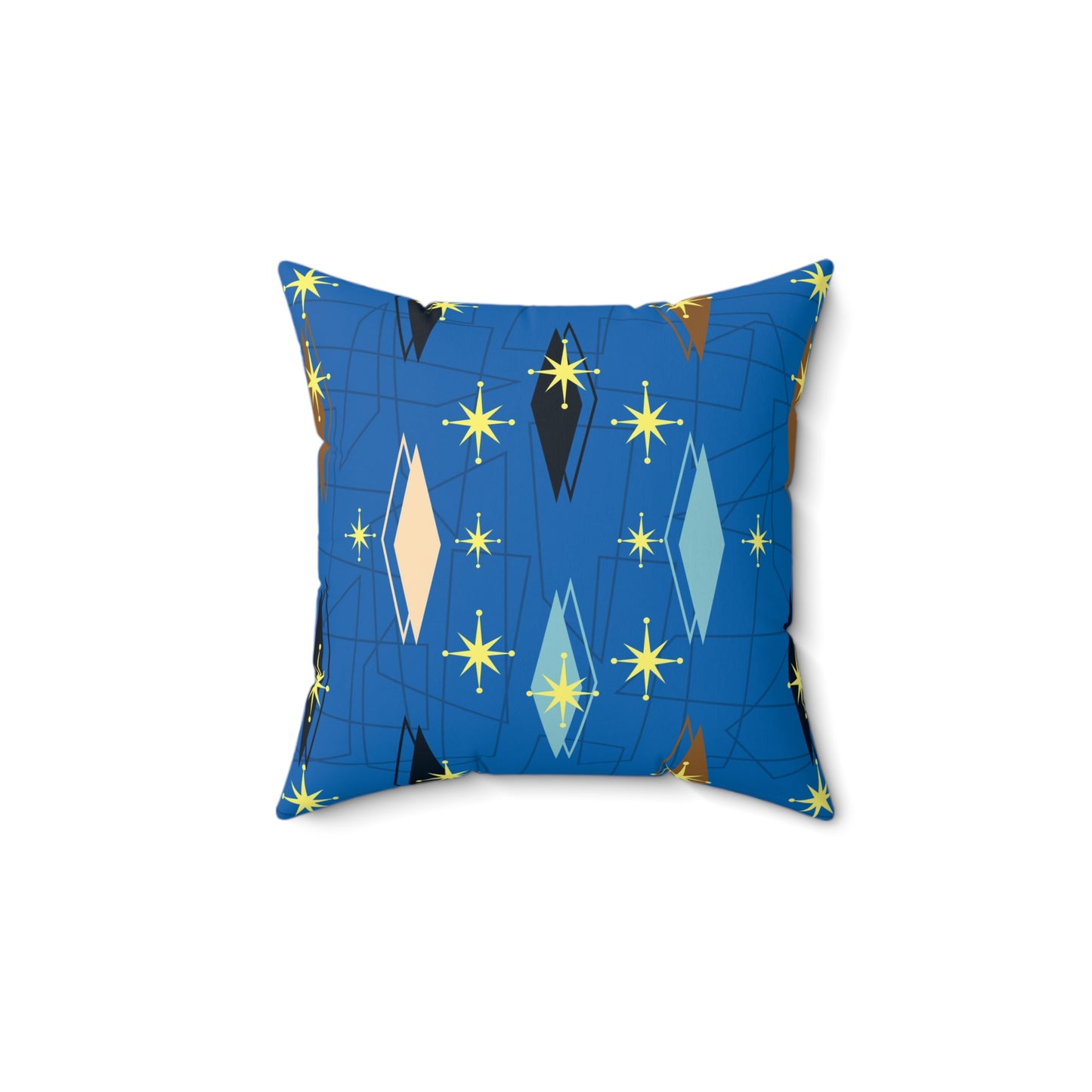 Mid-Century Starburst Decorative Pillow — Retro Blue Geometric Accent