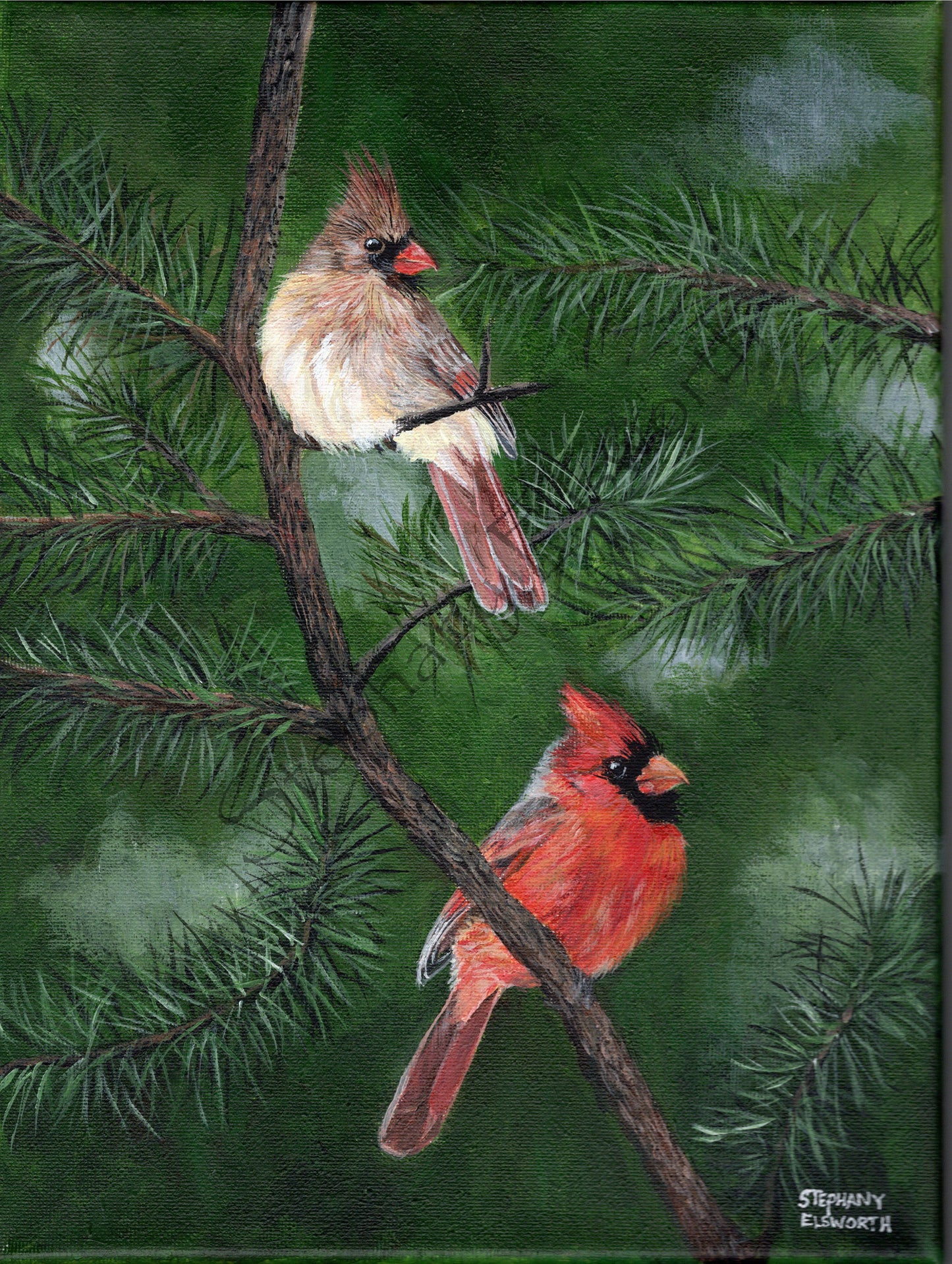 9 x 12 Cardinals in Pine Original Acrylic Painting