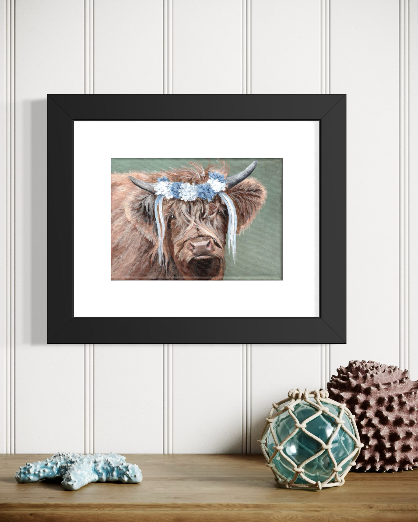 7 x 5 Inch Scottish Highland Cow with Blue and White Garland Original Painting (Copy)
