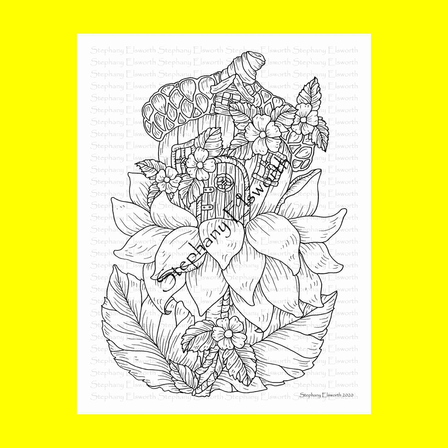 Acorn and Flower Fairy House 8 1/2 x 11 Printable Instant Download Coloring Page (Faerie Houses III)