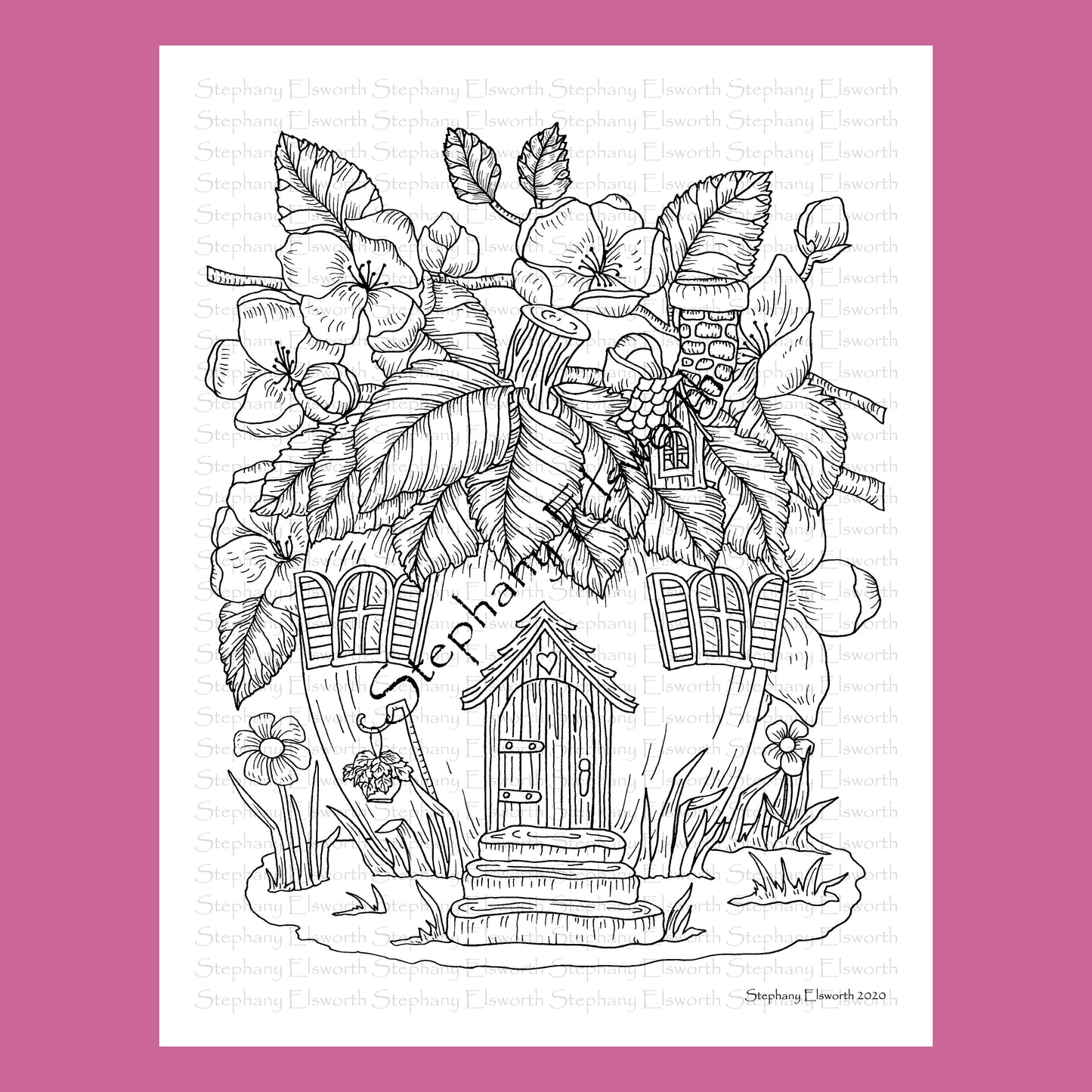 Apple Blossoms Fairy House 8 1/2 x 11 Printable Instant Download Coloring Page (Faerie Houses III)