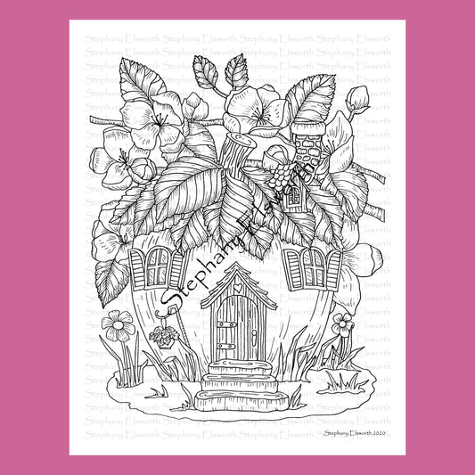 Apple Blossoms Fairy House 8 1/2 x 11 Printable Instant Download Coloring Page (Faerie Houses III)