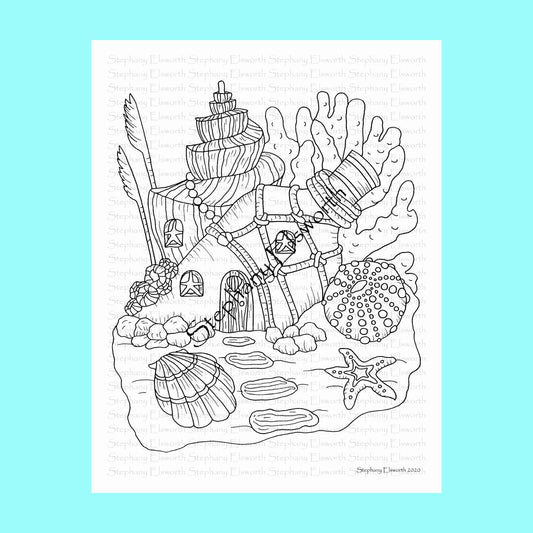 Beach Bottle Fairy House 8 1/2 x 11 Printable Instant Download Coloring Page (Faerie Houses III)