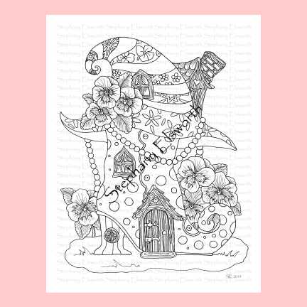 Boot and Witch Hat Fairy House 8 1/2 x 11 Printable Instant Download Coloring Page (Faerie Houses II)