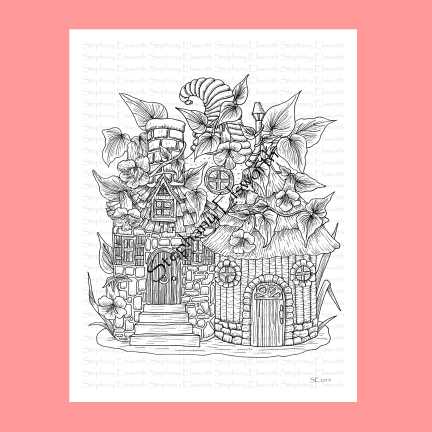 Bottle Fairy Houses 8 1/2 x 11 Printable Instant Download Coloring Page (Faerie Houses II)