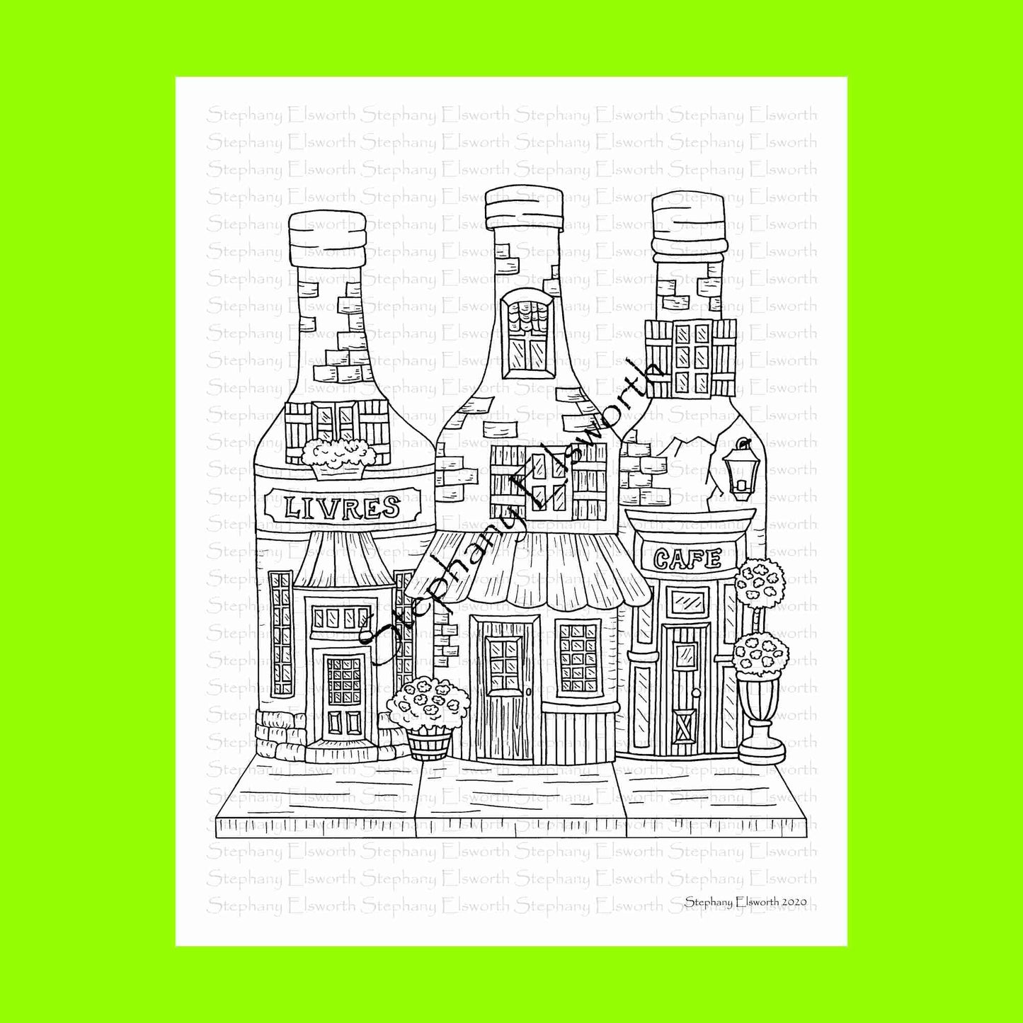 Bottle Shops Fairy House 8 1/2 x 11 Printable Instant Download Coloring Page (Faerie Houses III)