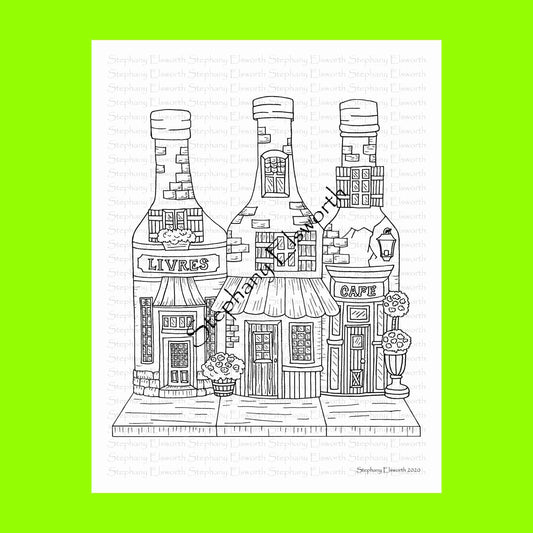 Bottle Shops Fairy House 8 1/2 x 11 Printable Instant Download Coloring Page (Faerie Houses III)