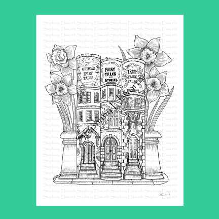 Brownstone Books Fairy House 8 1/2 x 11 JPG Printable Instant Download Coloring Page (Faerie Houses II)