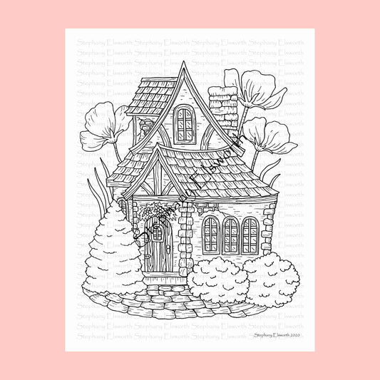 Buttercup Cottage Fairy House 8 1/2 x 11 Printable Instant Download Coloring Page (Faerie Houses III)