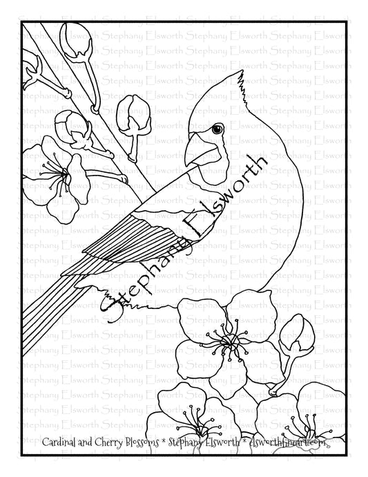 Cardinal and Cherry Blossoms Free PDF Digital Download Coloring Page