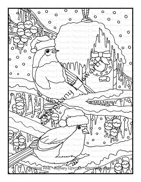 Christmas Birds Free PDF Digital Download Coloring Page