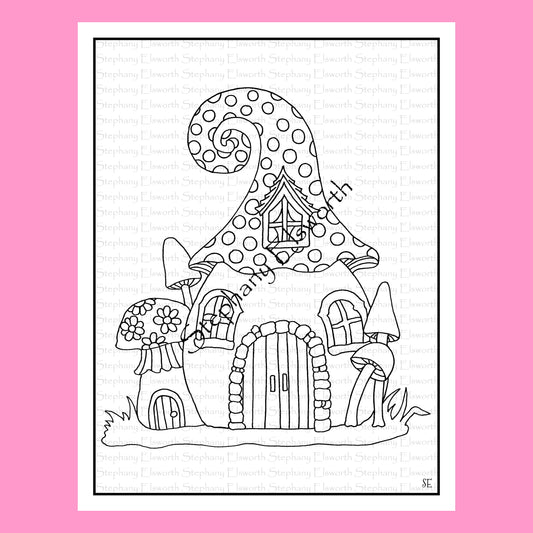 Easy Mushroom Fairy House Coloring Pages, 6 pc