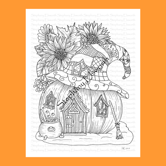 Fall Pumpkin Fairy House 8 1/2 x 11 Printable Instant Download Coloring Page (Faerie Houses II)