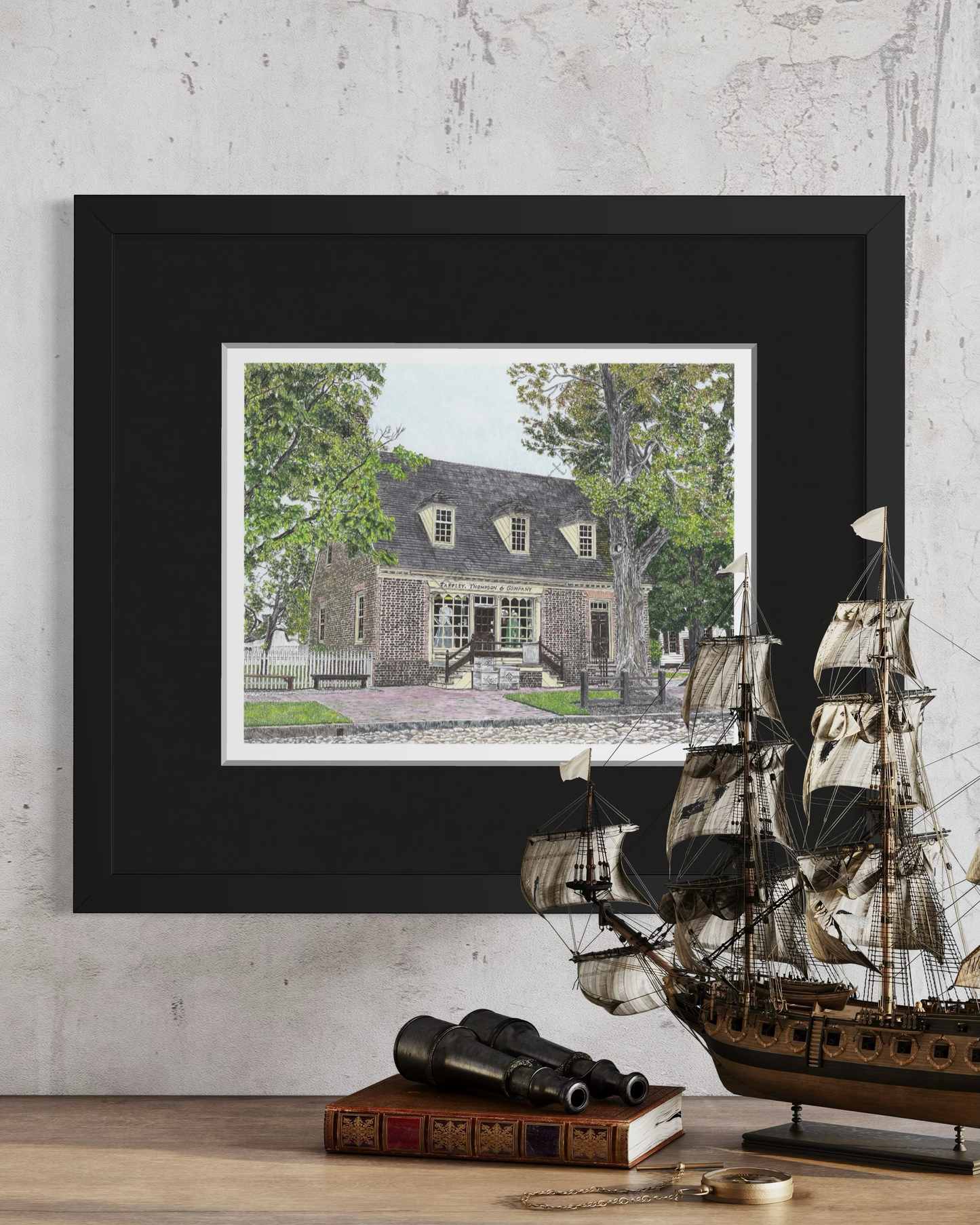 Colonial Williamsburg's Tarpley, Thompson and Company Store, Williamsburg, Virginia Original 11 x 14 Pen and Ink/Colored Pencil Drawing in 16 x 20 inch Black Mat