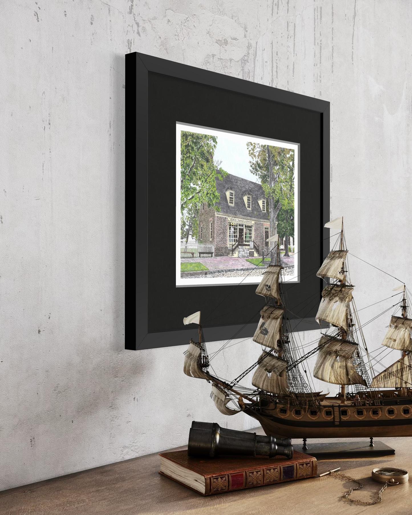 Colonial Williamsburg's Tarpley, Thompson and Company Store, Williamsburg, Virginia Original 11 x 14 Pen and Ink/Colored Pencil Drawing in 16 x 20 inch Black Mat