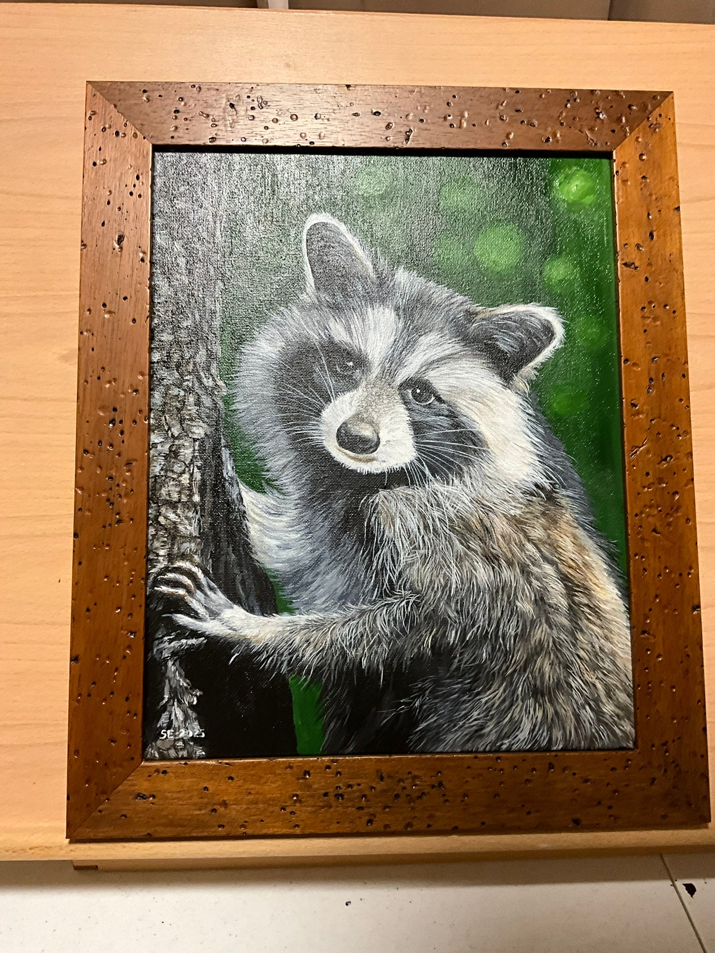 Raccoon 11 x 14 Acrylic Painting in Custom Rustic Frame
