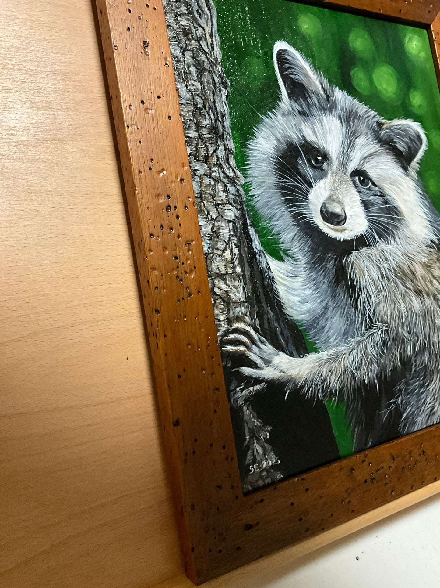 Raccoon 11 x 14 Acrylic Painting in Custom Rustic Frame
