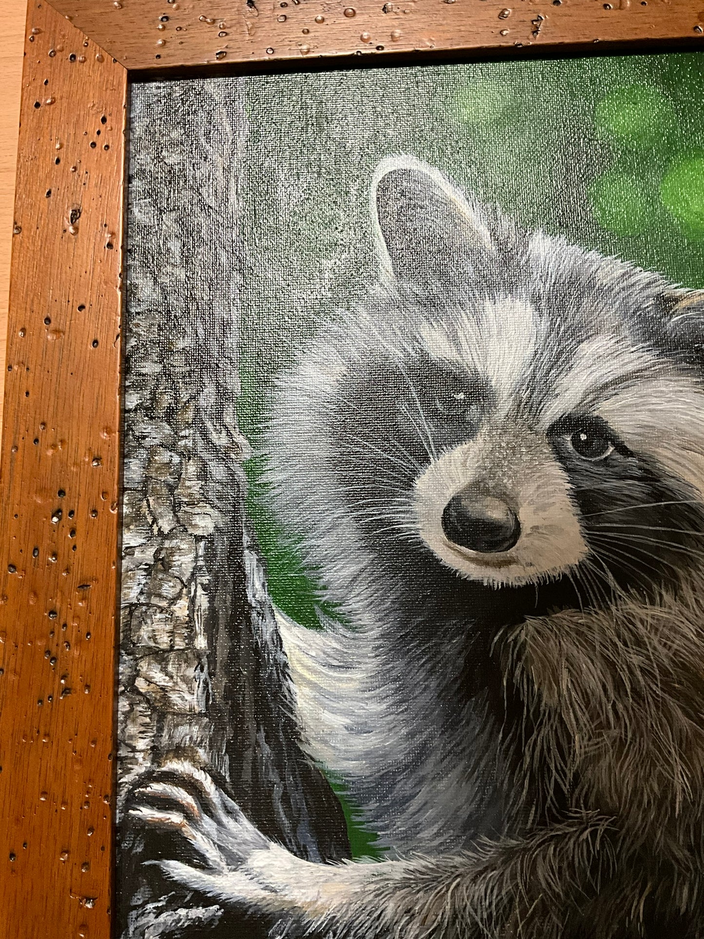 Raccoon 11 x 14 Acrylic Painting in Custom Rustic Frame